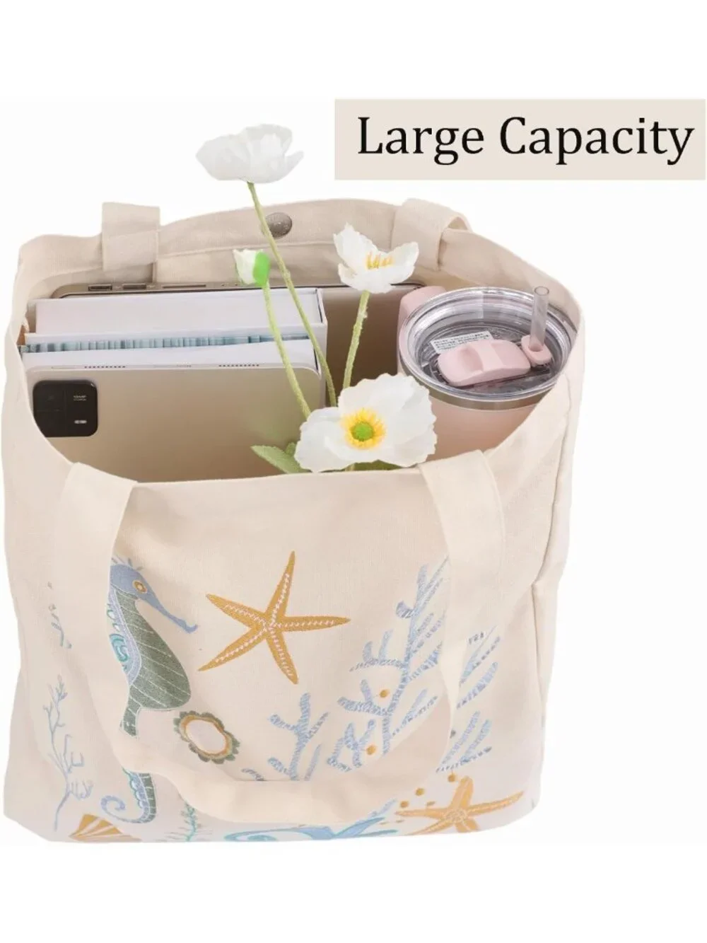 Ocean-Inspired Embroidered Tote Bag for Women | Summer Canvas Beach & Grocery